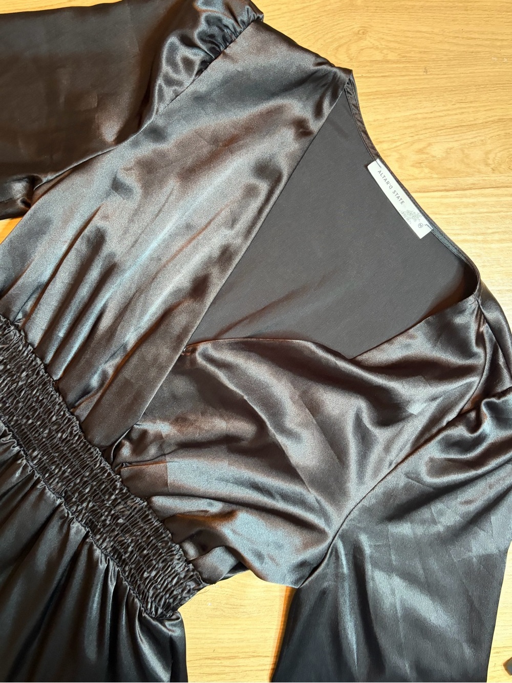 Altar'd State Black Satin Ruffle Waist Dress Medium Flawed